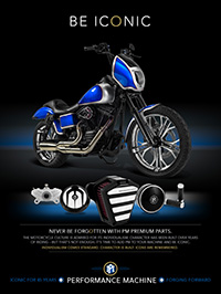 Advertisement for PM Custom Harley-Davidson Motorcycle Accessories