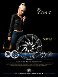 Advertisement for the PM SUPRA Custom Harley-Davidson Motorcycle Wheel